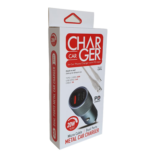 Araç Şarj Aleti PD USB Type-C Çıkışlı 20W Hızlı + Micro Kablo HIZLI Subzero CR96