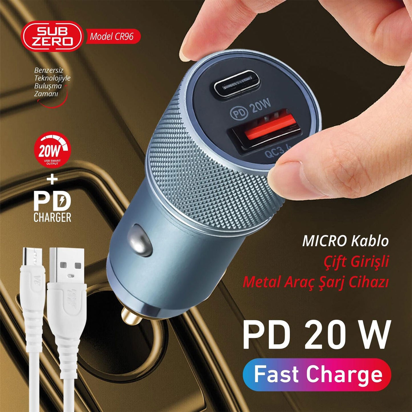 Araç Şarj Aleti PD USB Type-C Çıkışlı 20W Hızlı + Micro Kablo HIZLI Subzero CR96