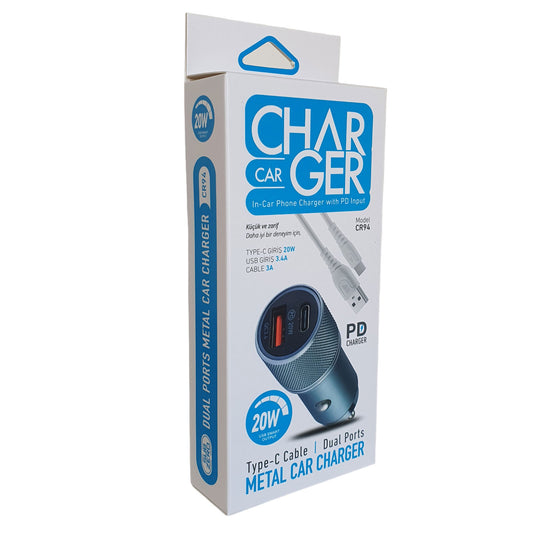 Araç Şarj Aleti USB Type-C 20W Hızlı + Type C Kablo HIZLI Subzero CR94