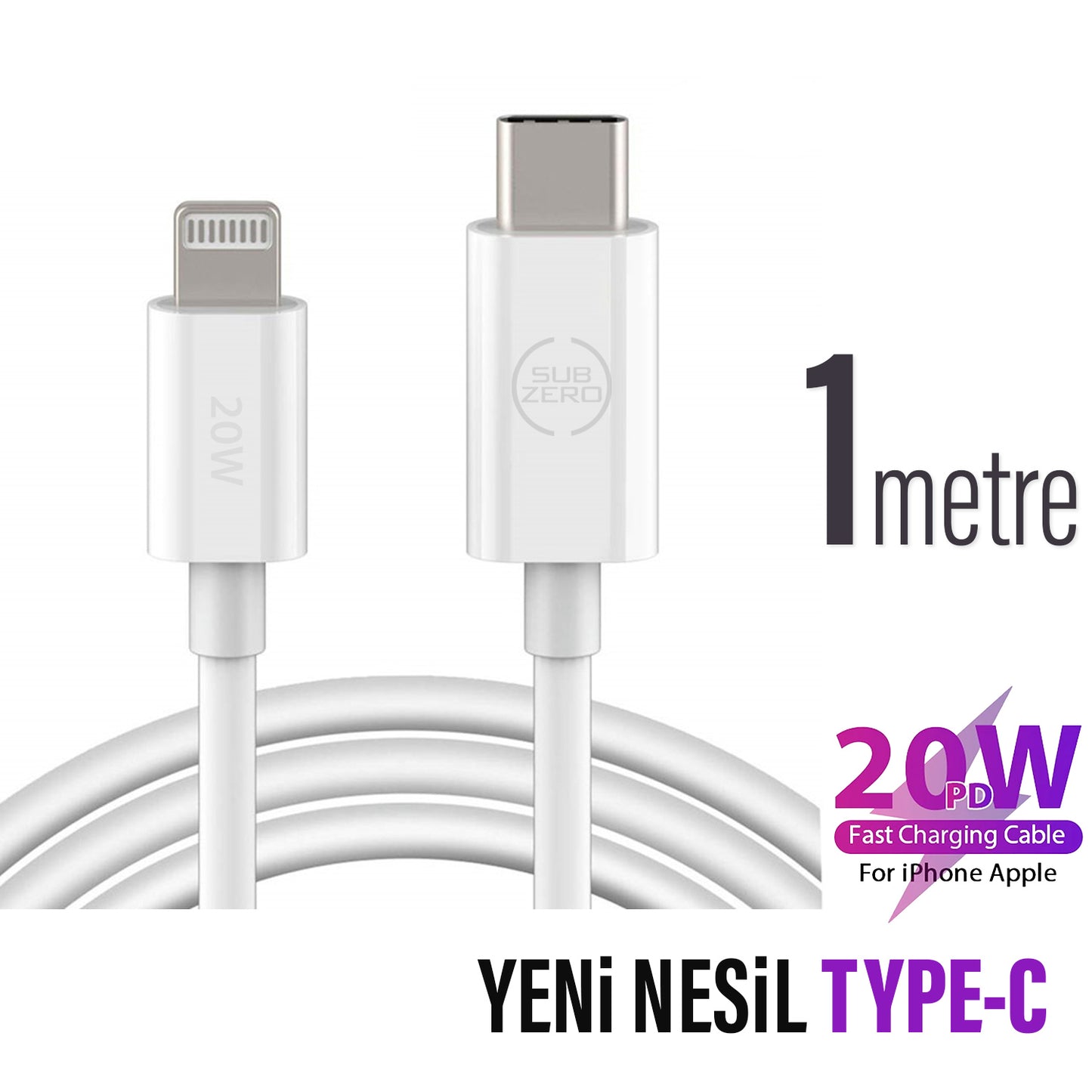 Type-C Lightning Şarj Kablosu 20W Hızlı Şarj 1 Metre Subzero CL95