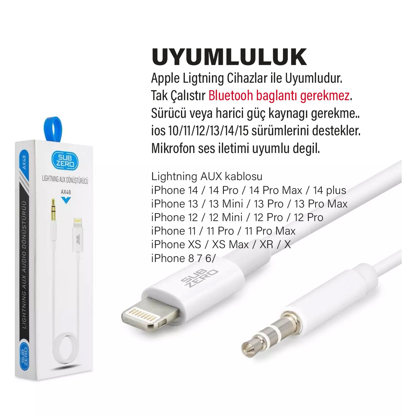 iPhone Uyumlu Araç AUX Kablosu 1 metre Lightning 3.5mm Jack Subzero AX48