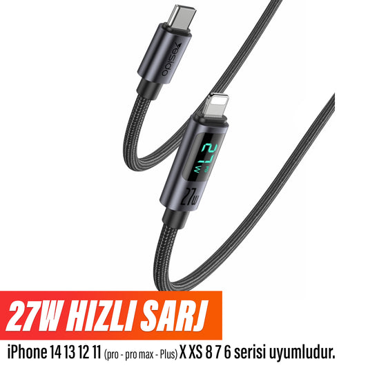 iPhone Lightning Hızlı Şarj Kablosu 120cm 27W Led Göstergeli Yesido CA157