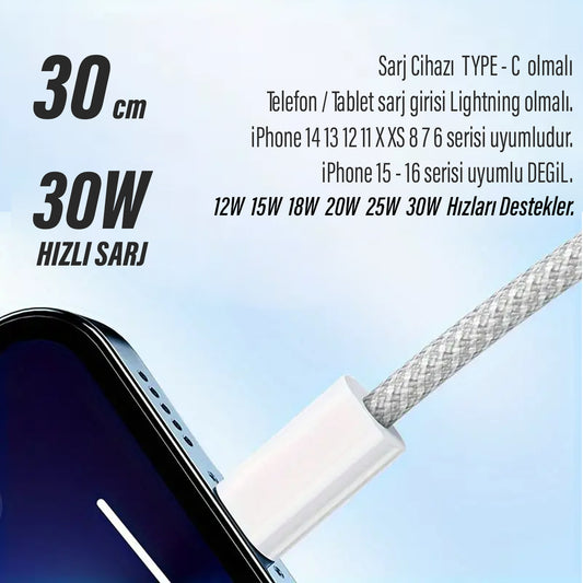 30cm iPhone TYPE C Şarj Kablosu HIZLI Yeni Nesil Kısa Şarj Kablosu