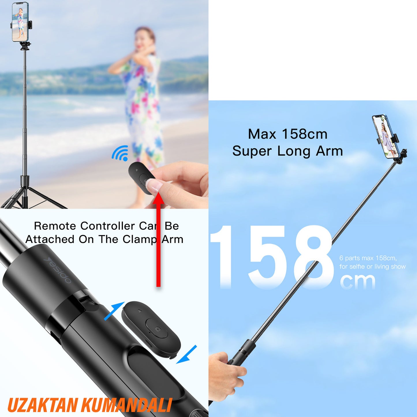 Monopod Tripod Selfie Çubuğu Bluetooh Uzaktan Kumandalı 158cm Yesido SF13