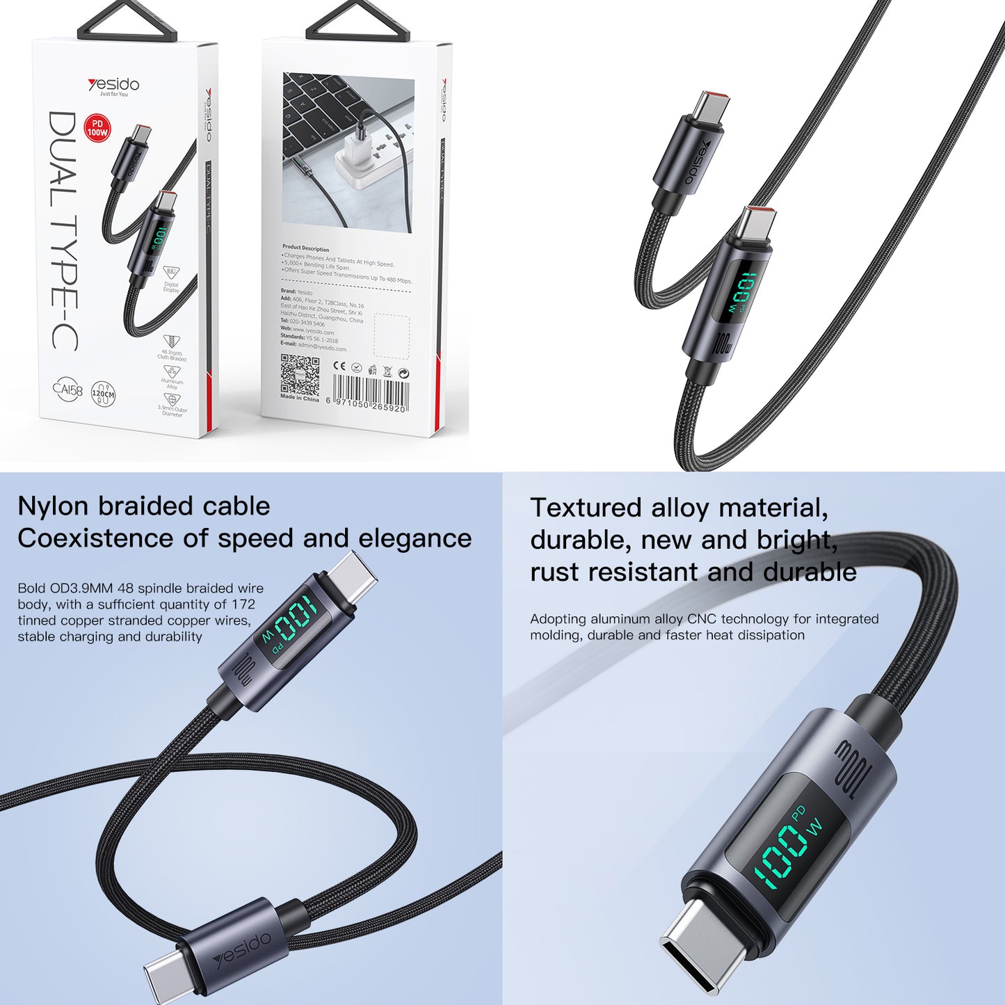 100W Type C Hızlı Şarj Kablosu 120cm Led Göstergeli Yesido CA158