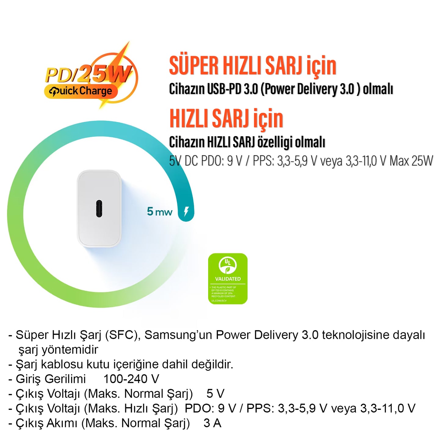 Samsung EP-T2510N Type-C Şarj Aleti 25W Süper Hızlı Şarj Orjinal Samsung