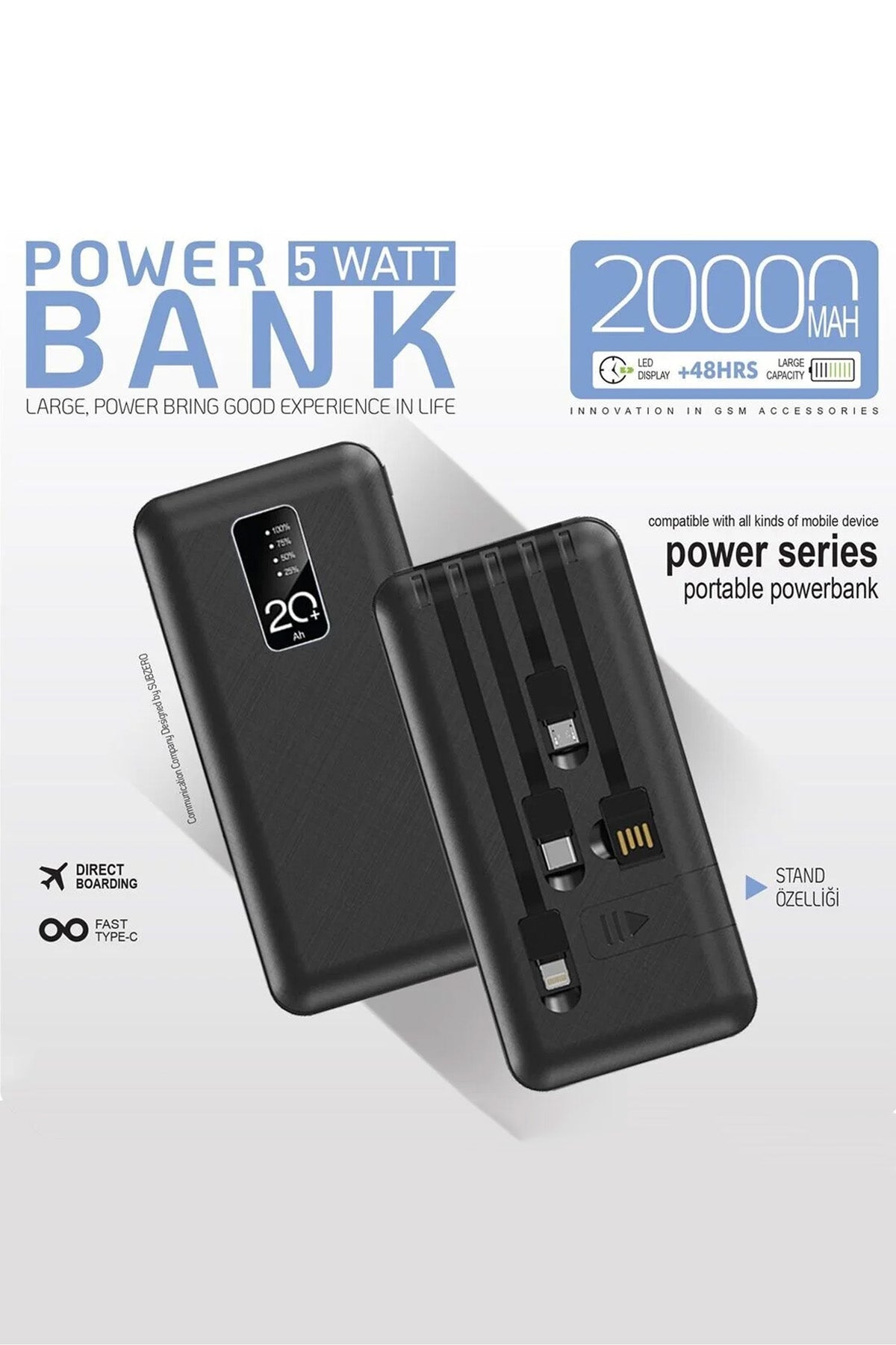 20.000 mAh Kendinden Kablolu Powerbank Hızlı Şarj Telefon Standlı Göstergeli Taşınabilir Şarj Cihazı