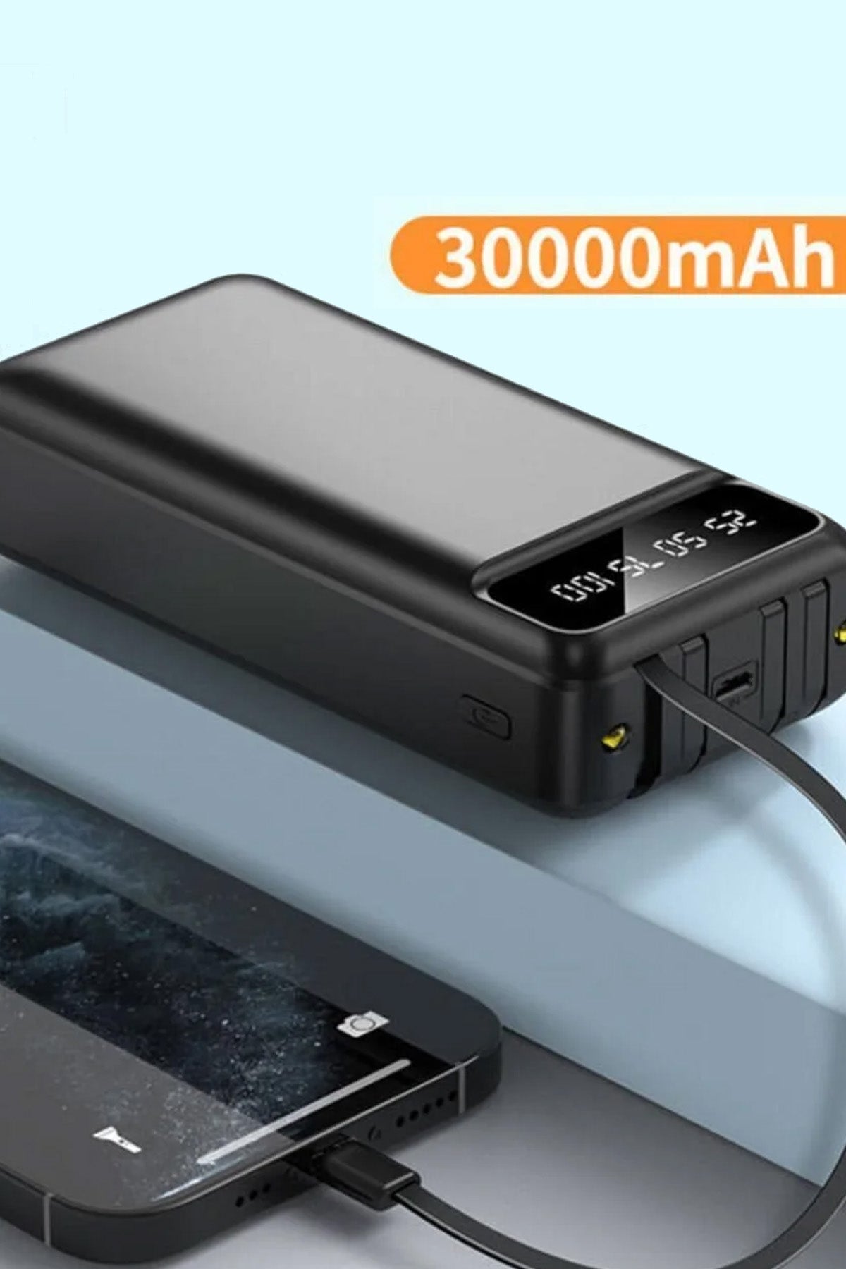 30000 mAh Kendinden Kablolu Powerbank Dijital Göstergeli Led Fener Hızlı Şarj Taşınabilir Şarj Cihaz