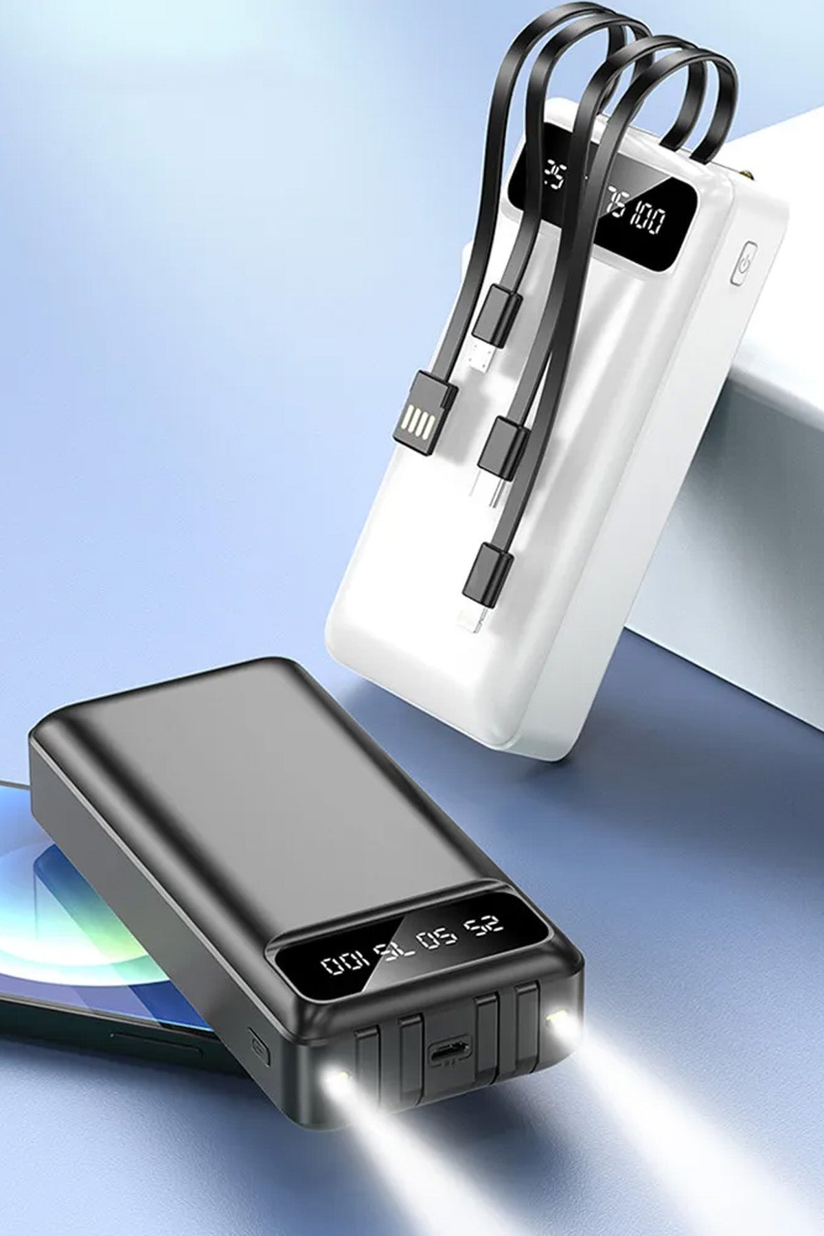 30000 mAh Kendinden Kablolu Powerbank Dijital Göstergeli Led Fener Hızlı Şarj Taşınabilir Şarj Cihaz