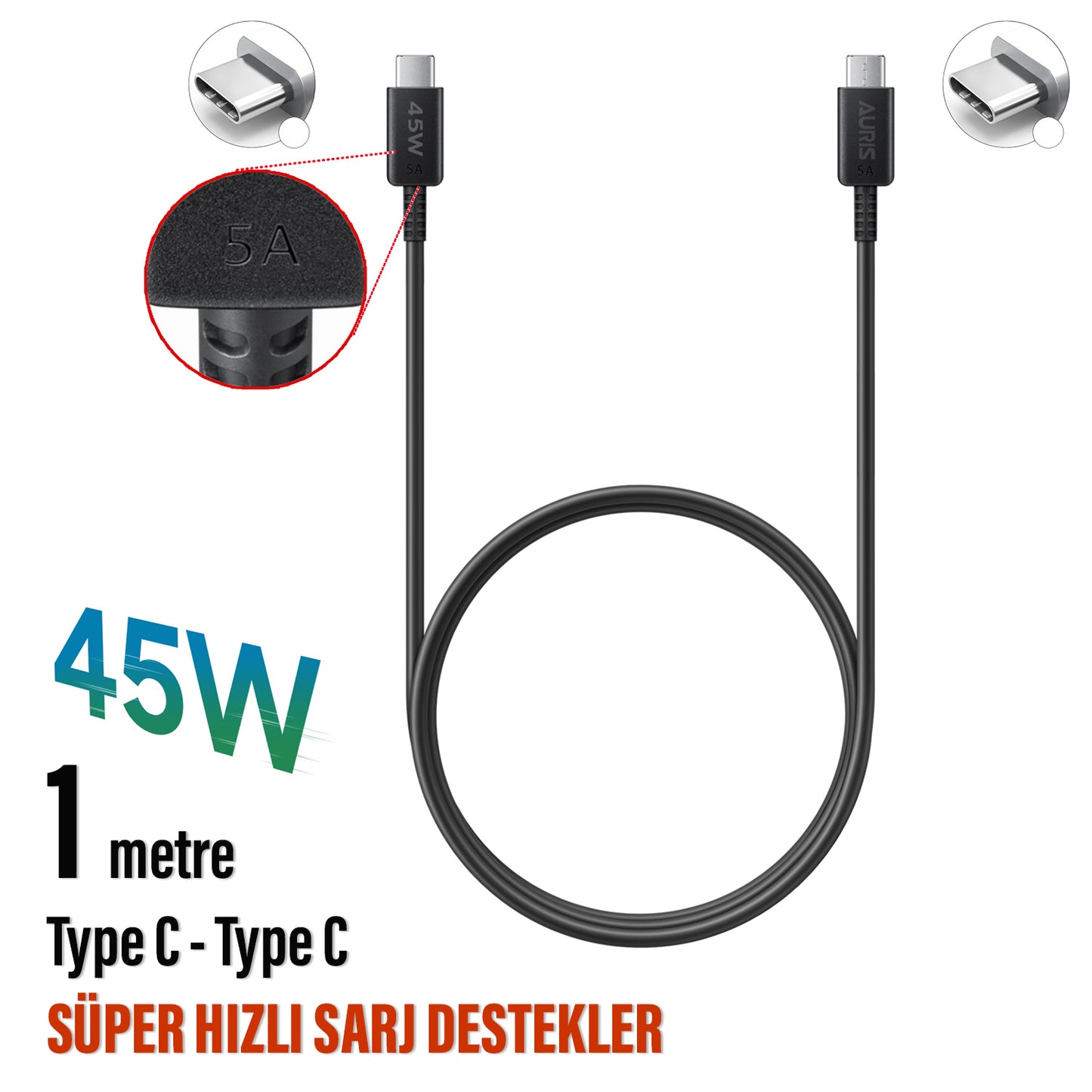 45W Süper Hızlı Şarj Kablosu Type C - Type C Auris CB57