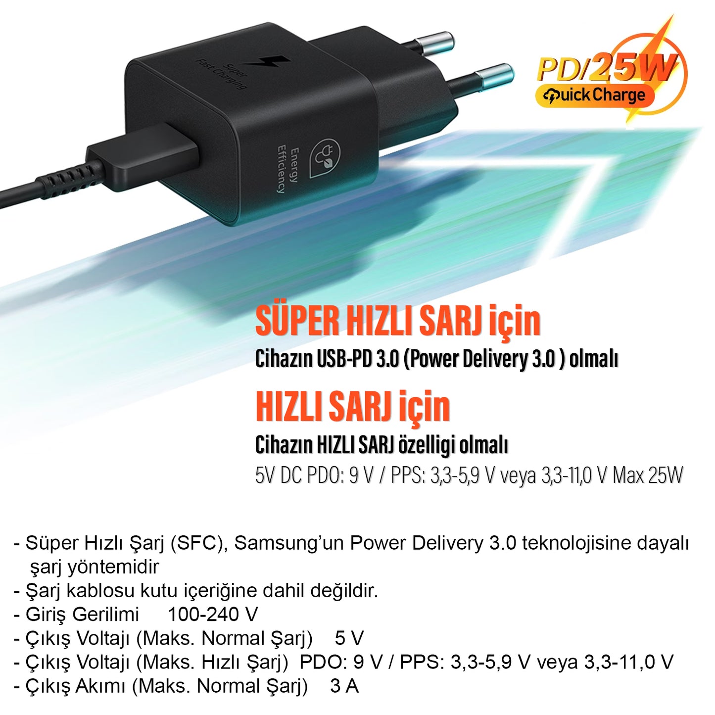 Orjinal Samsung EP-T2510N Type-C Şarj Aleti 25W Süper Hızlı Şarj Adaptörü