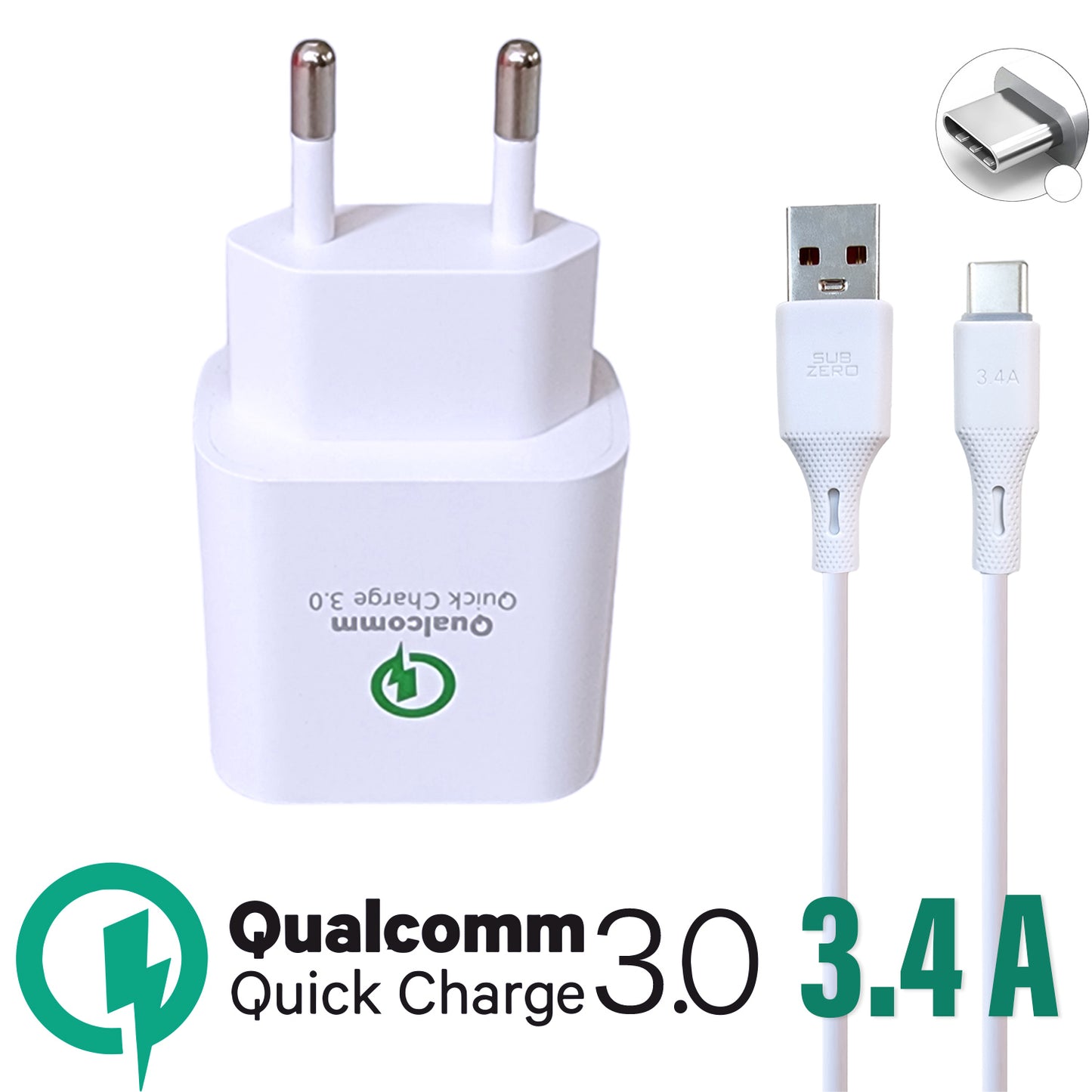 Type C Şarj Cihazı ve Kablo 18W Hızlı Subzero SG61 18W Qualcomm