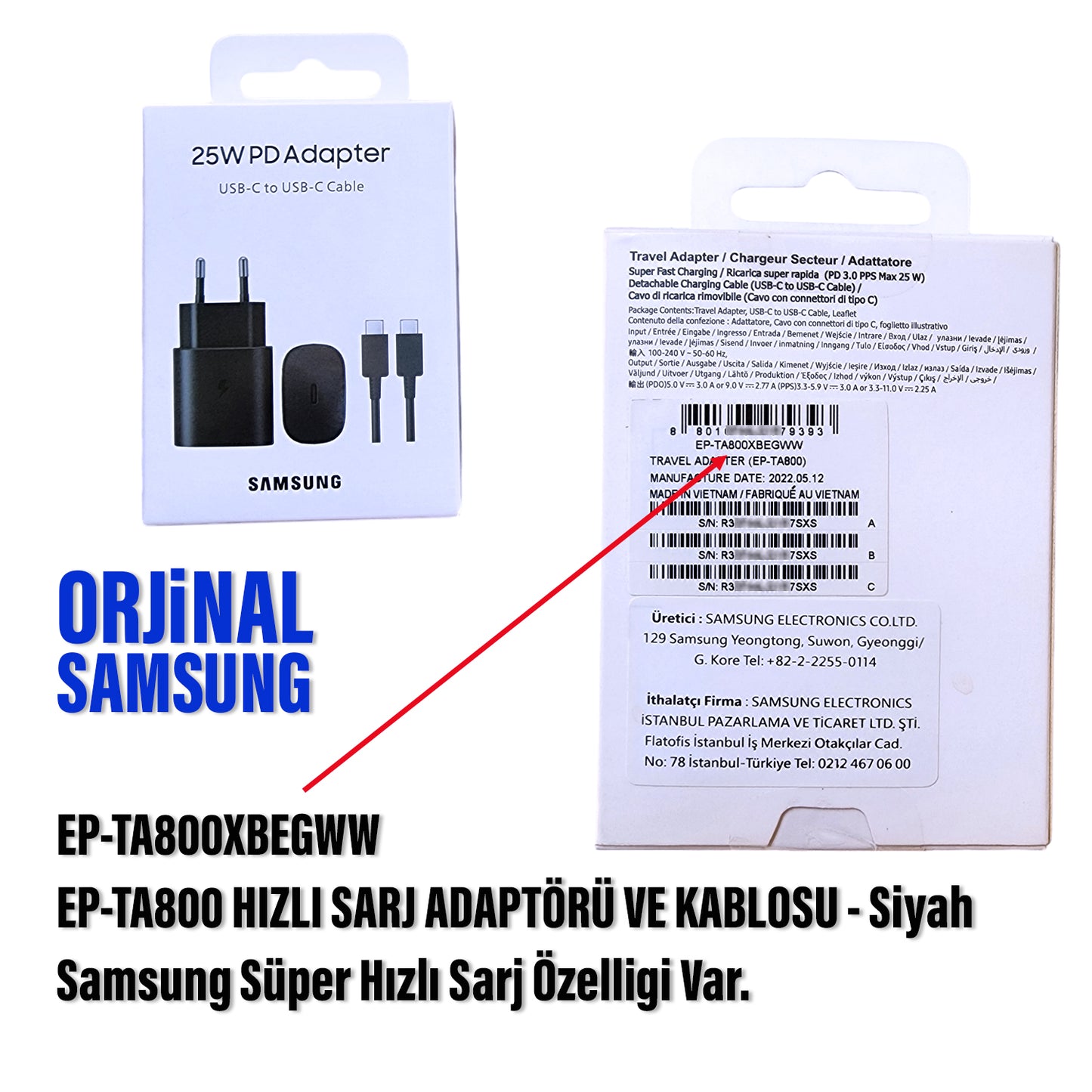 Orjinal Samsung EP-TA800 Type-C Şarj Aleti 25W ve Type C Kablo EP-TA800XBEGWW