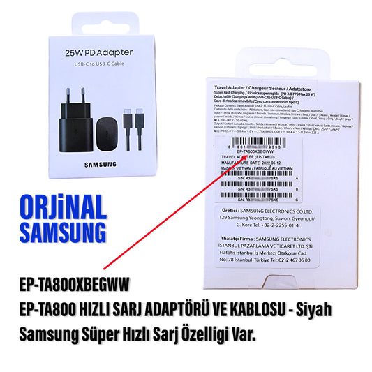 Orjinal Samsung EP-TA800 Type-C Şarj Aleti 25W ve Type C Kablo EP-TA800XBEGWW