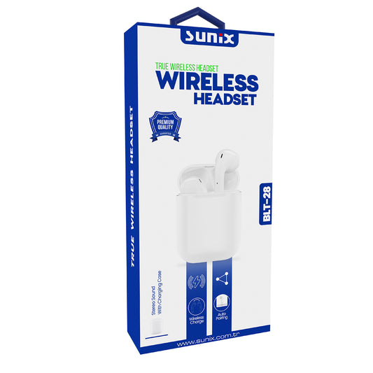 Sunix BLT 28 Bluetooh Kulaklık Kablosuz Beyaz (Airpods 2. Nesil Tasarım)