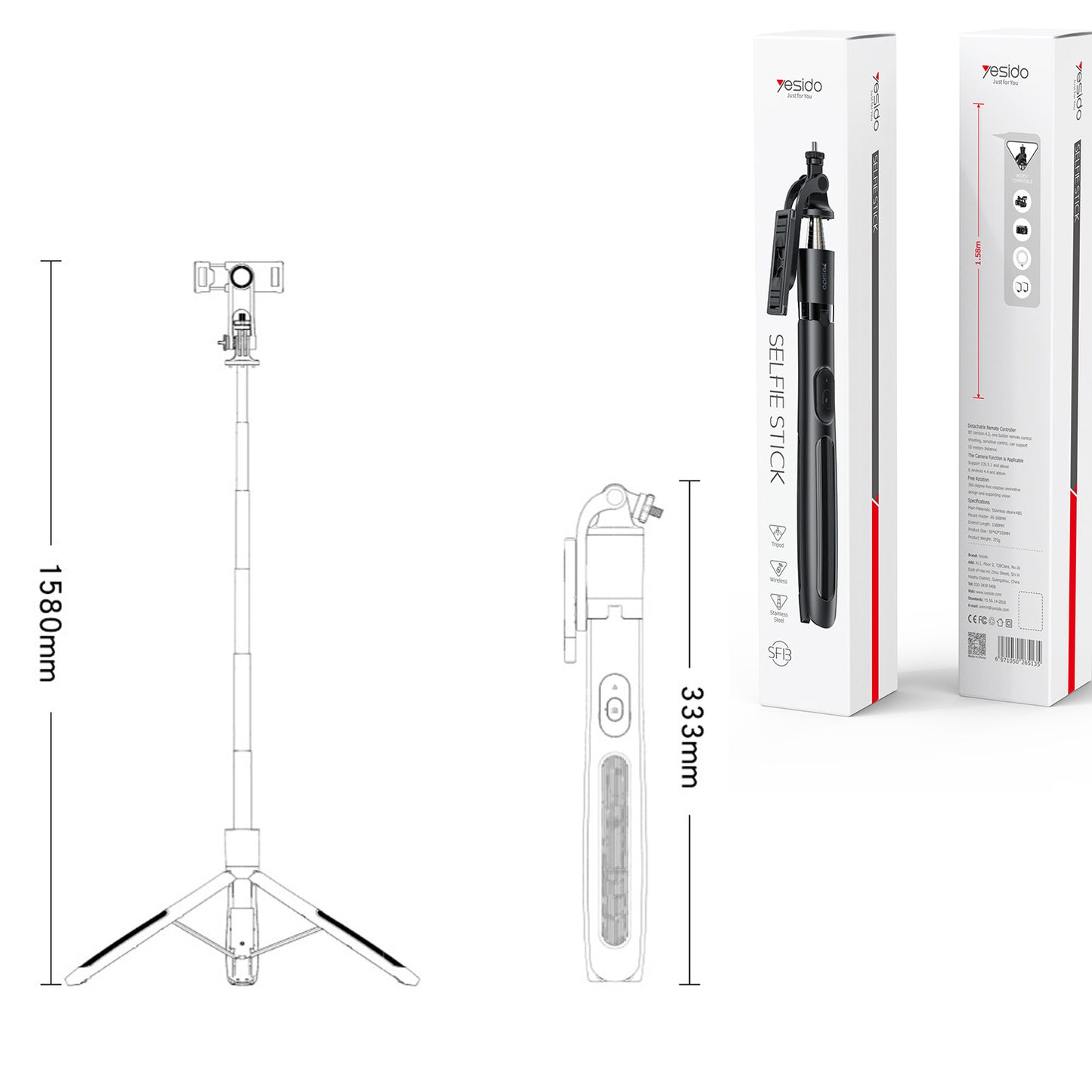 Monopod Tripod Selfie Çubuğu Bluetooh Uzaktan Kumandalı 158cm Yesido SF13