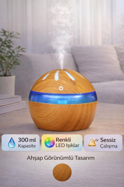Ahşap Tasarımlı Aroma Koku Difüzörü Mini Hava Nemlendirici Buhar Makinesi 300ml Led Işık Buhurdanlık Dekoratif Hediyelik