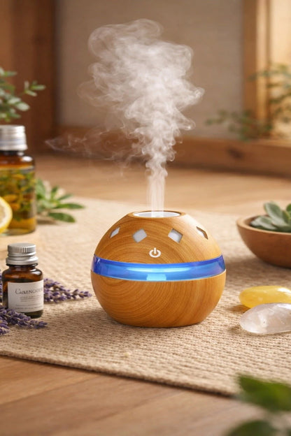 Ahşap Tasarımlı Aroma Koku Difüzörü Mini Hava Nemlendirici Buhar Makinesi 300ml Led Işık Buhurdanlık Dekoratif Hediyelik