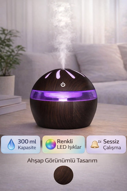 Ahşap Tasarımlı Aroma Koku Difüzörü Mini Hava Nemlendirici Buhar Makinesi 300ml Led Işık Buhurdanlık Dekoratif Hediyelik