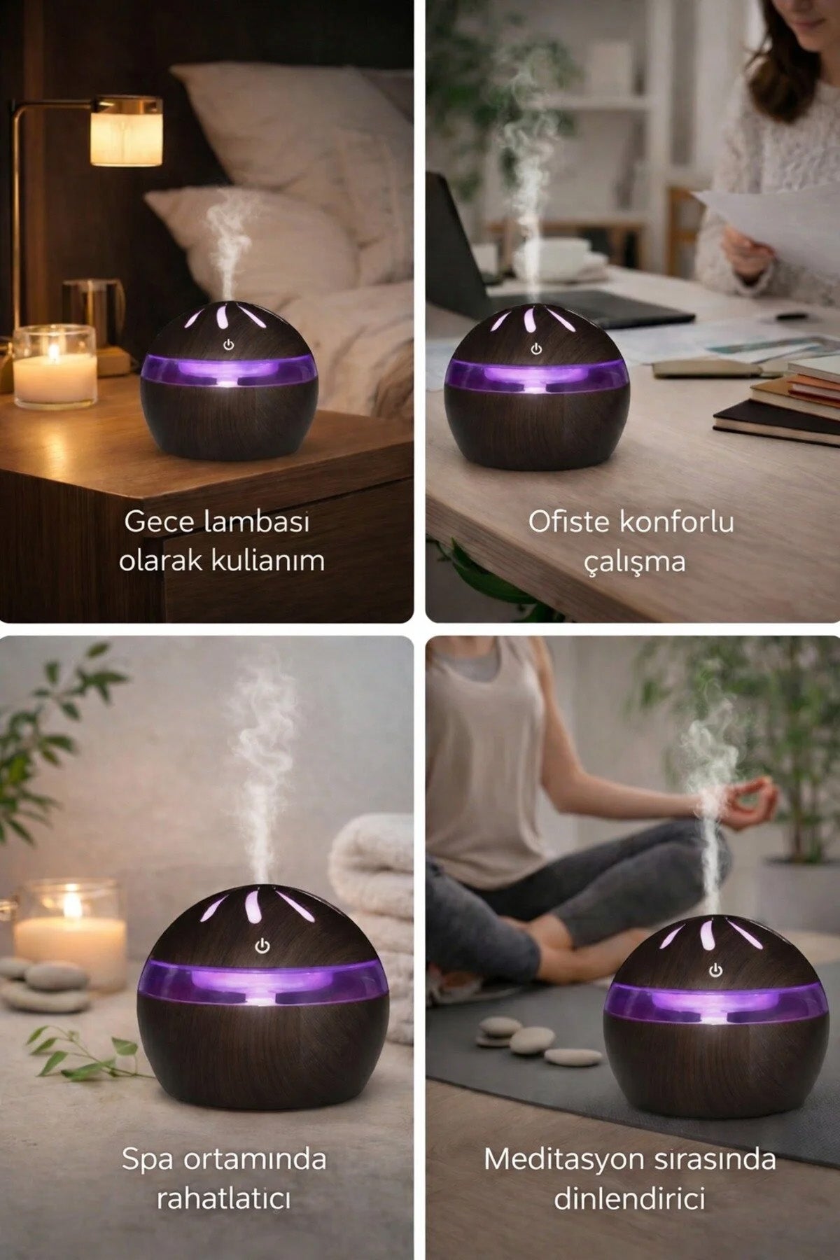 Ahşap Tasarımlı Aroma Koku Difüzörü Mini Hava Nemlendirici Buhar Makinesi 300ml Led Işık Buhurdanlık Dekoratif Hediyelik