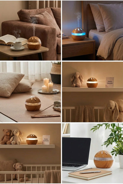 Ahşap Tasarımlı Aroma Koku Difüzörü Mini Hava Nemlendirici Buhar Makinesi 300ml Led Işık Buhurdanlık Dekoratif Hediyelik