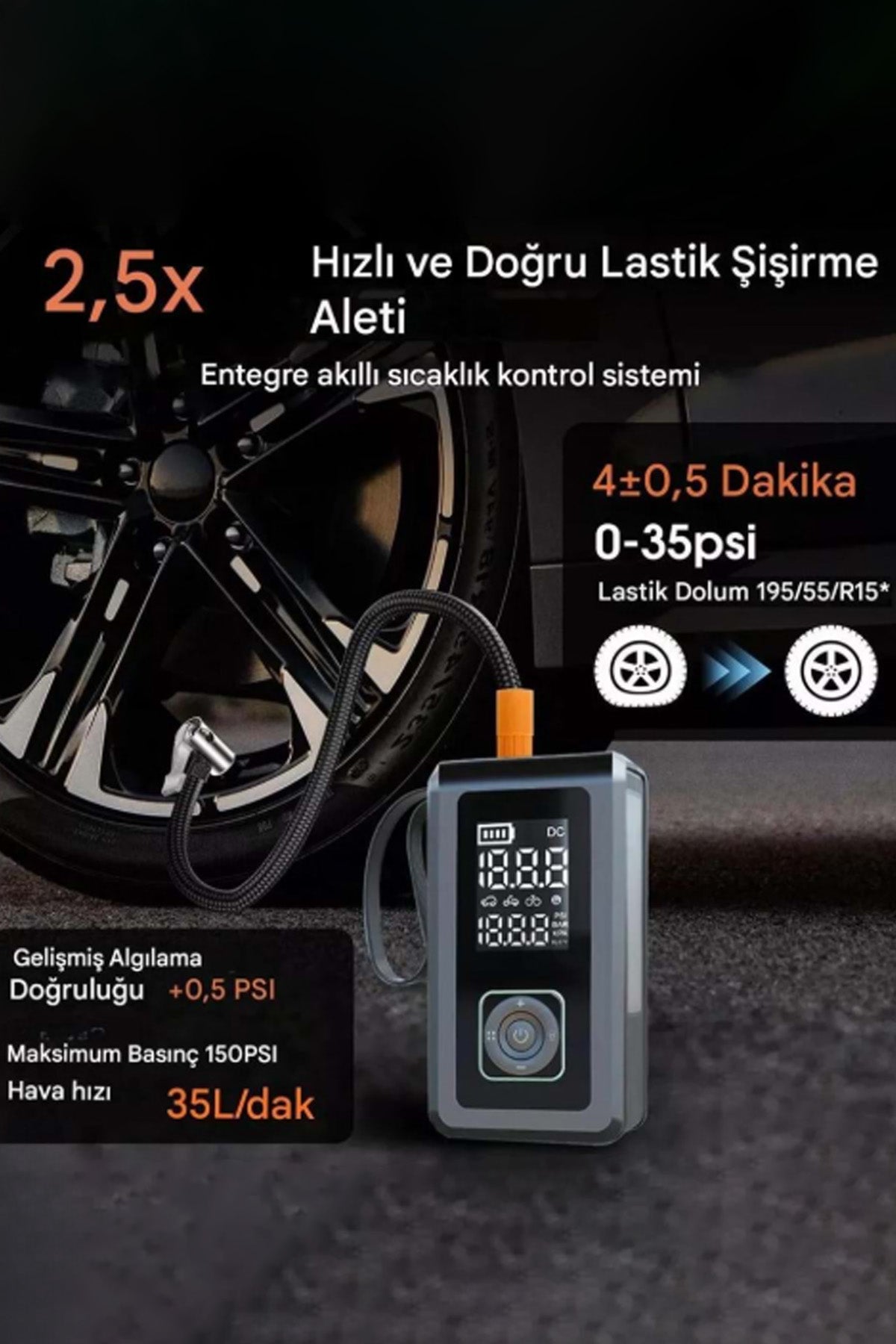 Akü Takviye Cihazı Hava Pompası 150Psi Powerbank 8000mAh 1000A Jump Starter Marş Basma Led Fenerli