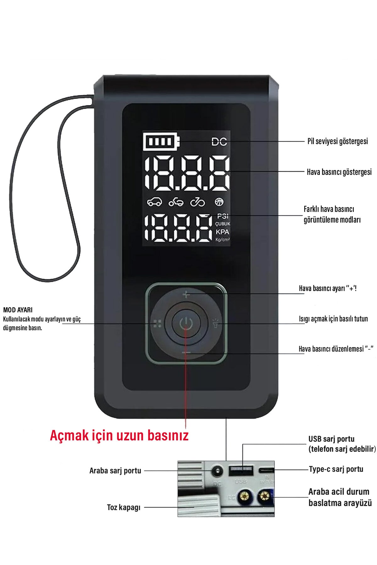 Akü Takviye Cihazı Hava Pompası 150Psi Powerbank 8000mAh 1000A Jump Starter Marş Basma Led Fenerli