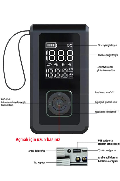 Akü Takviye Cihazı Hava Pompası 150Psi Powerbank 8000mAh 1000A Jump Starter Marş Basma Led Fenerli