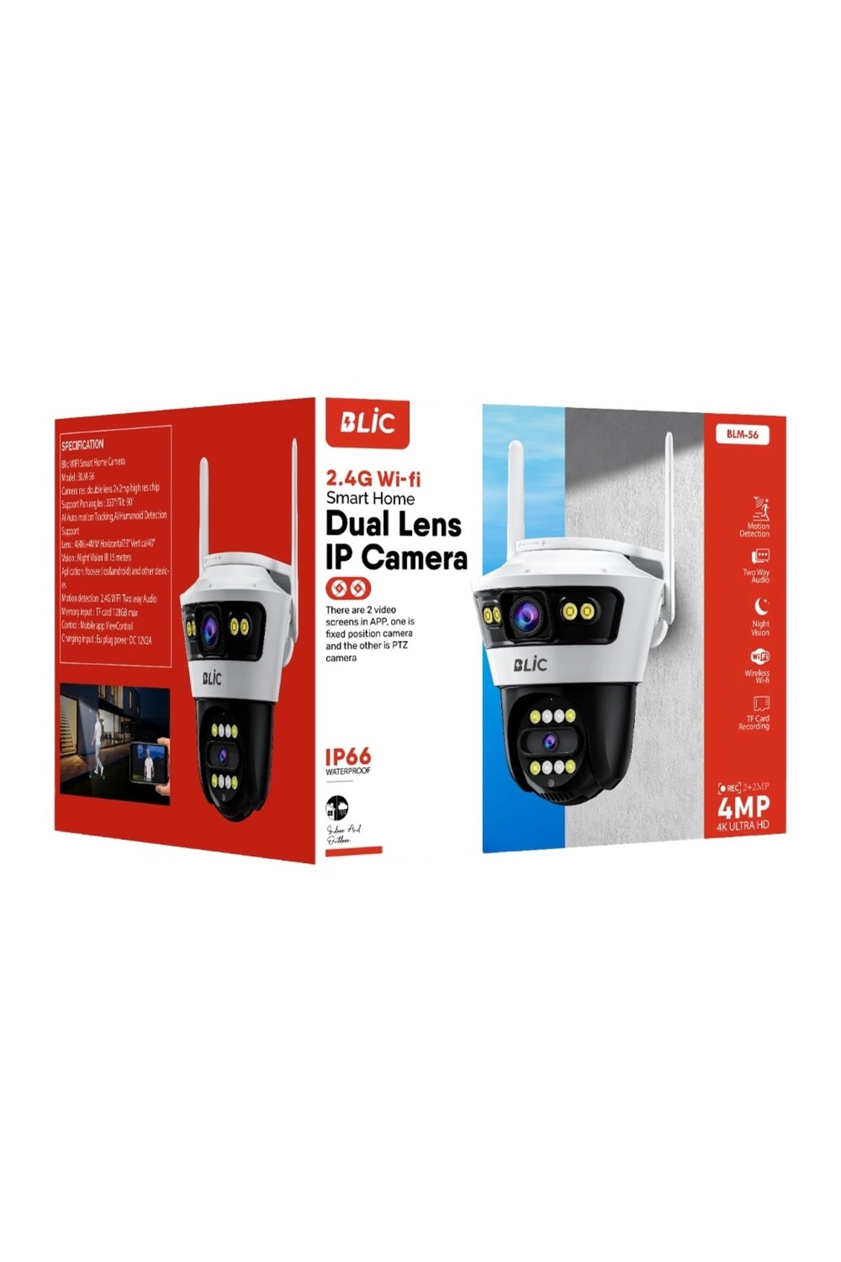 4 MP 4k Ultra Hd Alarmlı Suya Dayanıklı Çift Lensli 2.4g Ip Dış Mekan Güvenlik Kamerası Blic BLM56