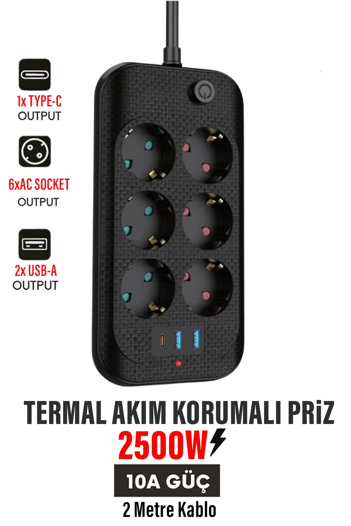 Yüksek Akım Korumalı 6’lı Grup Priz Kablolu 2M Priz 2 USB-A 1 Type-C Girişli Fiş 2 metre Kablolu