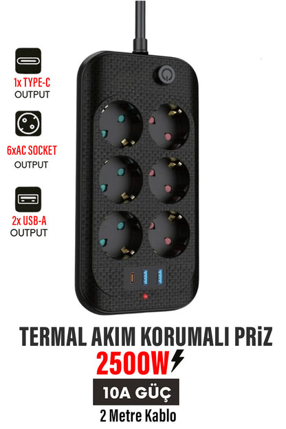 Yüksek Akım Korumalı 6’lı Grup Priz Kablolu 2M Priz 2 USB-A 1 Type-C Girişli Fiş 2 metre Kablolu