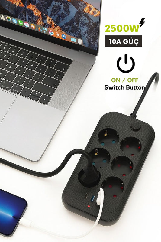Yüksek Akım Korumalı 6’lı Grup Priz Kablolu 2M Priz 2 USB-A 1 Type-C Girişli Fiş 2 metre Kablolu