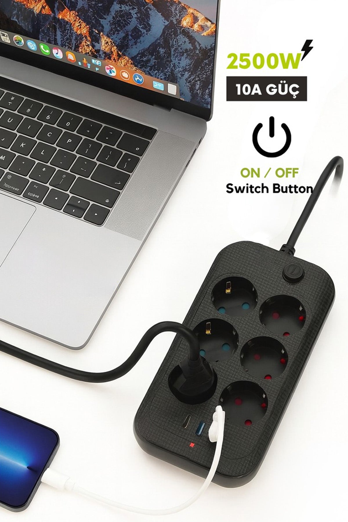 Yüksek Akım Korumalı 6’lı Grup Priz Kablolu 2M Priz 2 USB-A 1 Type-C Girişli Fiş 2 metre Kablolu