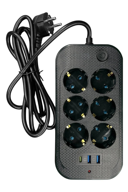 Yüksek Akım Korumalı 6’lı Grup Priz Kablolu 2M Priz 2 USB-A 1 Type-C Girişli Fiş 2 metre Kablolu