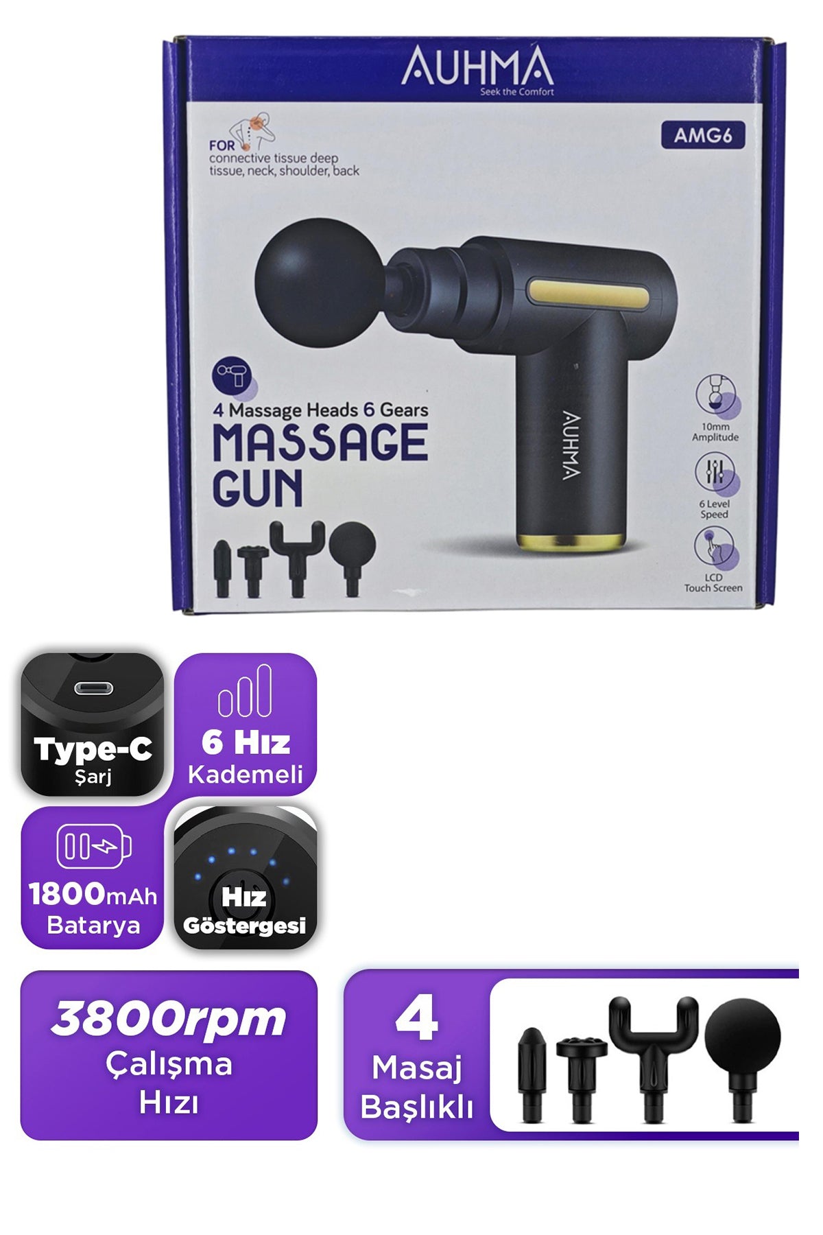 Titreşimli Masaj Aleti Masaj Tabancası Sporcu Masaj Aleti 4 Başlıklı 6 Modlu Şarjlı Massage Gun AMG6