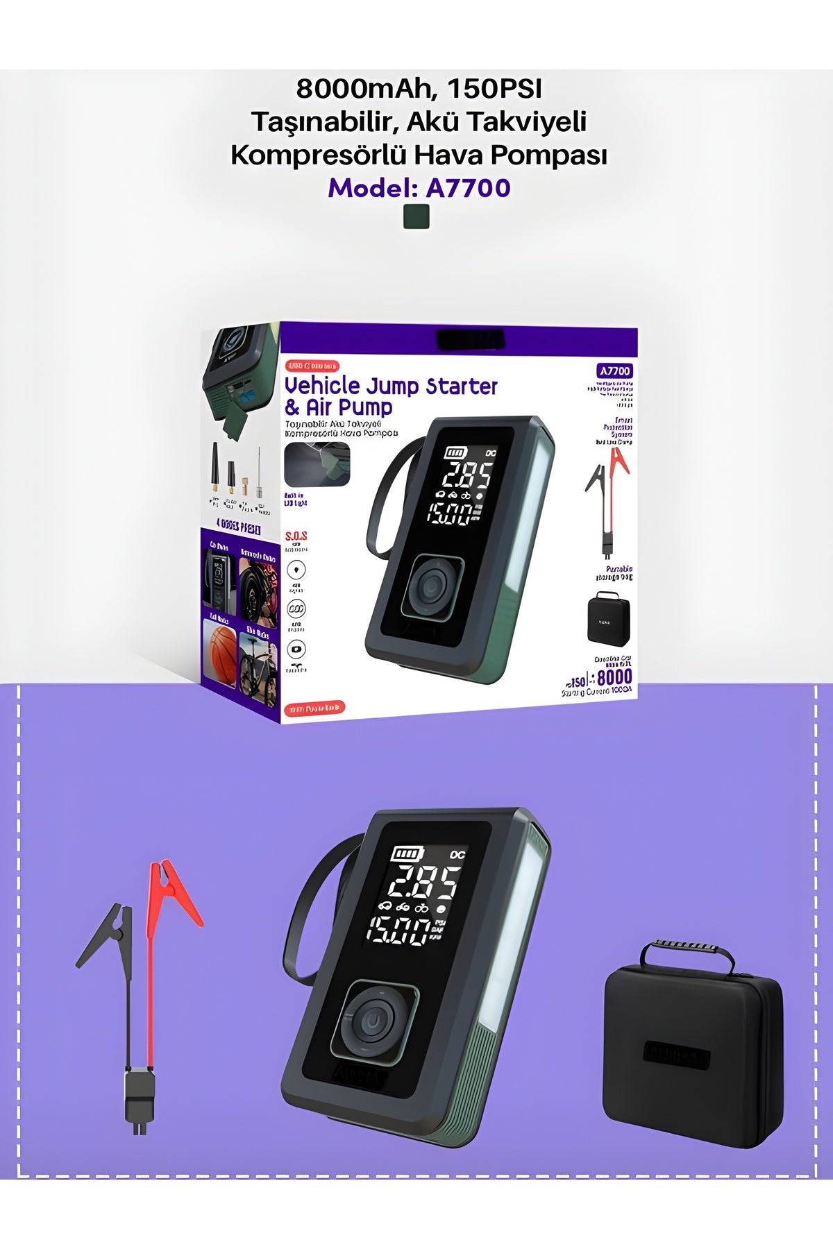 Akü Takviye Cihazı Hava Pompası 150Psi Powerbank 8000mAh 1000A Jump Starter Marş Basma Led Fenerli