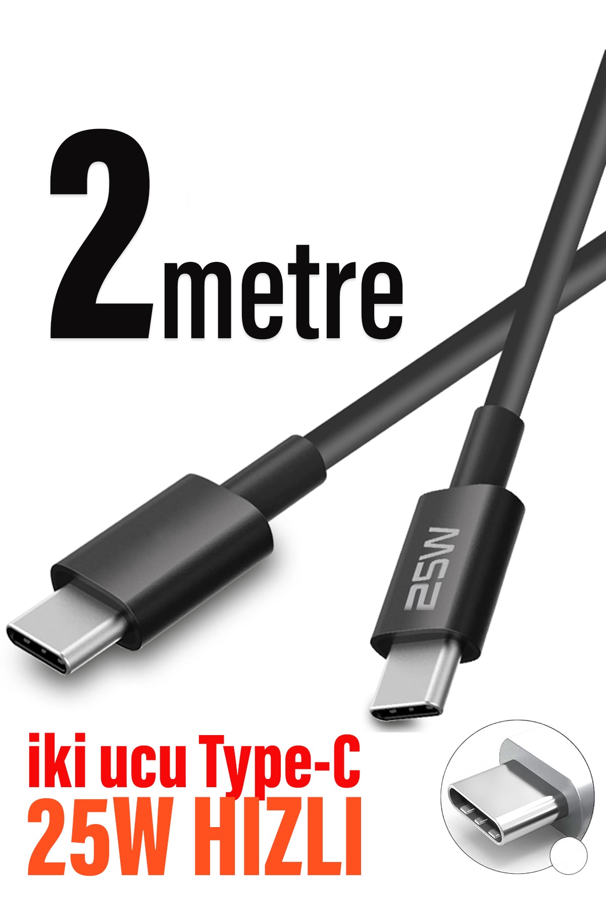2 Metre Type C Kablo Type-C den Type-C ye 2 metre Uzun Şarj Kablosu 25W 2M