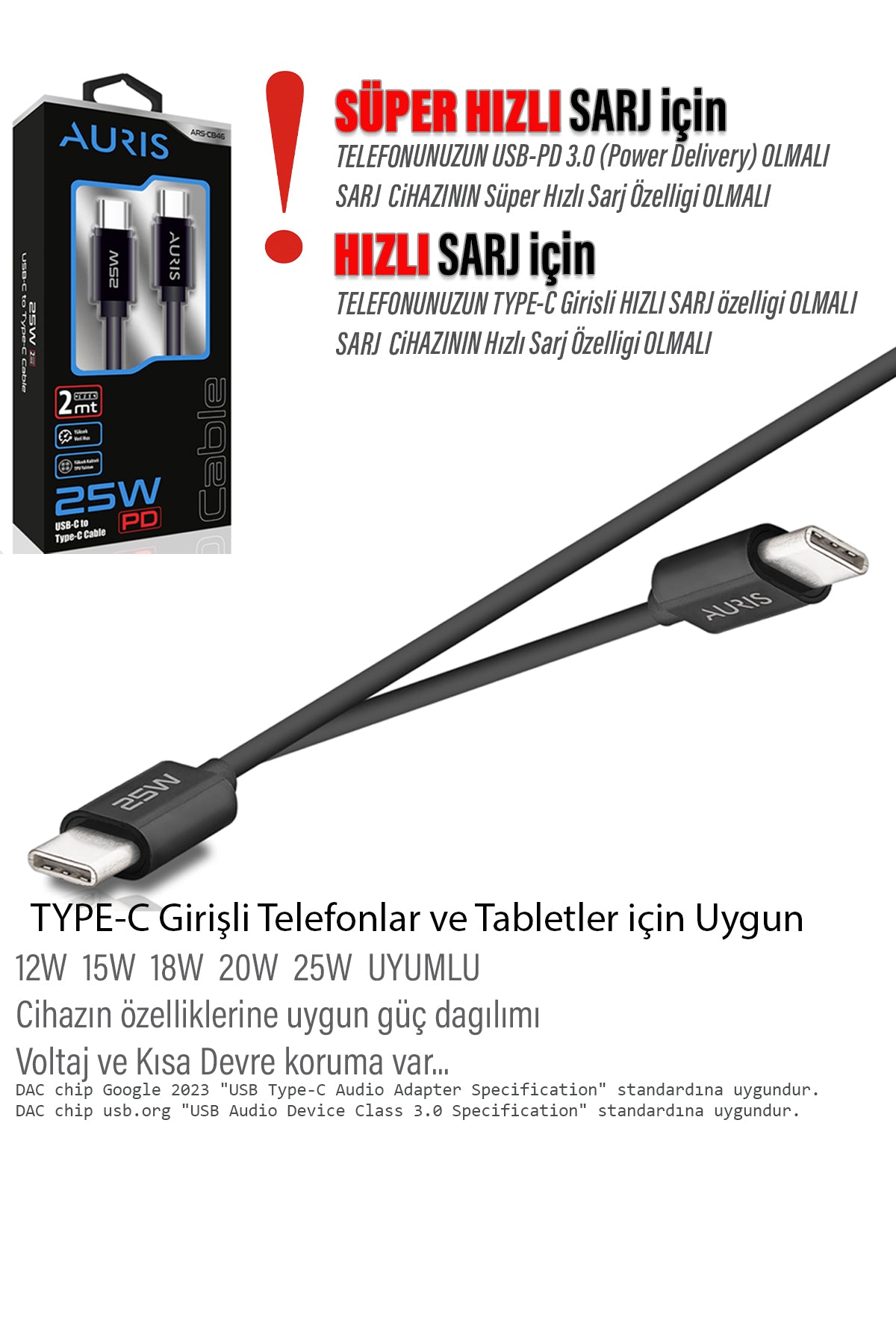 2 Metre Type C Kablo Type-C den Type-C ye 2 metre Uzun Şarj Kablosu 25W 2M