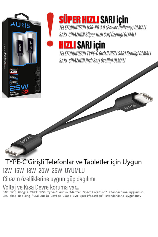 2 Metre Type C Kablo Type-C den Type-C ye 2 metre Uzun Şarj Kablosu 25W 2M