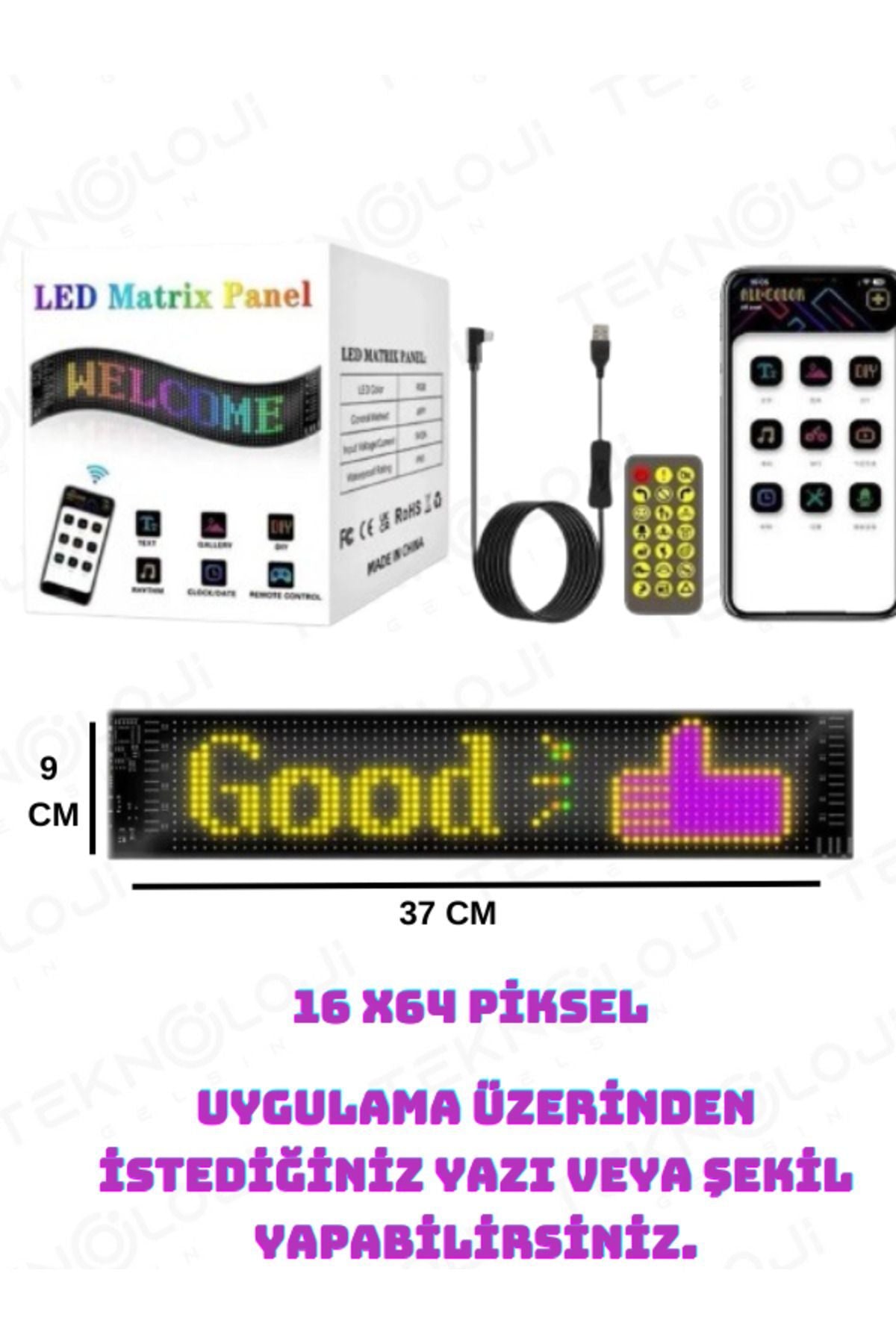 Led Matrix Panel 37cm x 9 cm RGB Ekran Kumandalı Telefon Kontrollü Led Ekran Kayan Yazı 16x64 Led