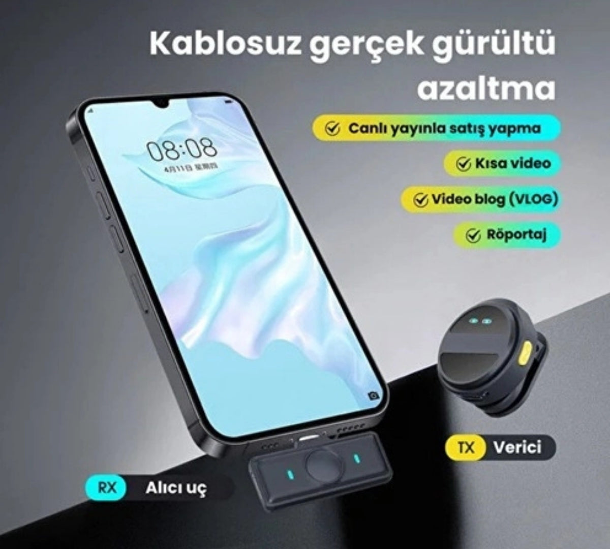 Kablosuz İkili Yaka Mikrofonu Type C Canlı Yayın Video Mikrofonu Dijital Ekranlı 2.4Ghz Type-c