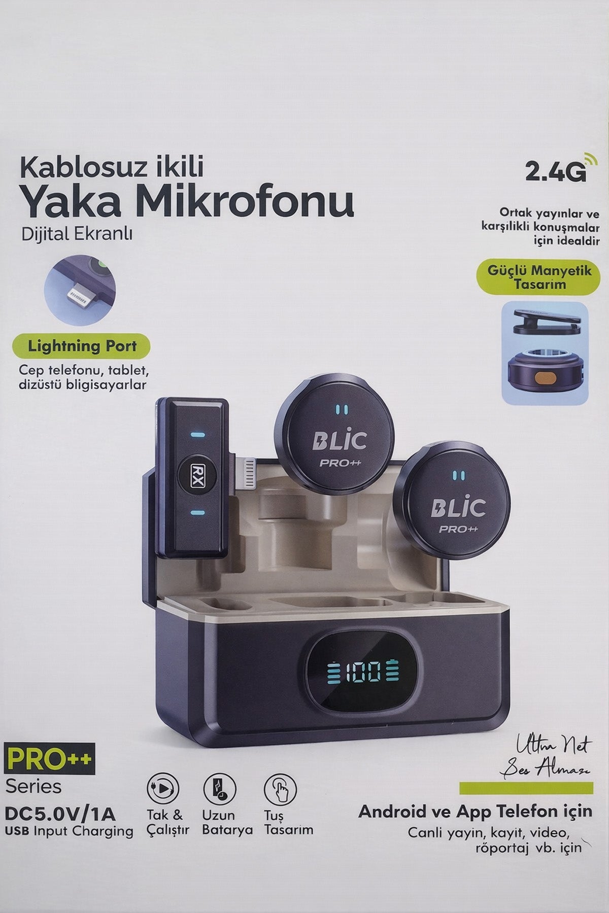 Kablosuz İkili Yaka Mikrofonu iPhone 11 12 13 14 Pro Pro Max Uyumlu Lightning Girişli 2.4Ghz