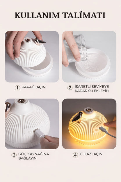 Mini Hava Nemlendirici Buhar Makinesi LED Işık Tasarımlı Difüzör Gece Lambası Humidifier 300ml