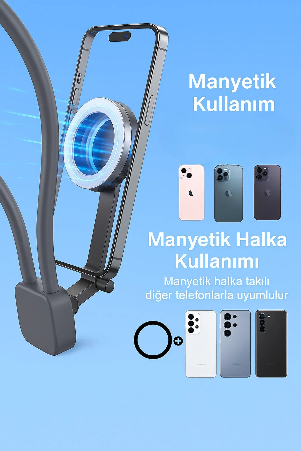Manyetik Boyun Telefon Tutucu Magsafe Portatif Boyun Askısı Video Çekim Aparat 360°Ayarlanabilir