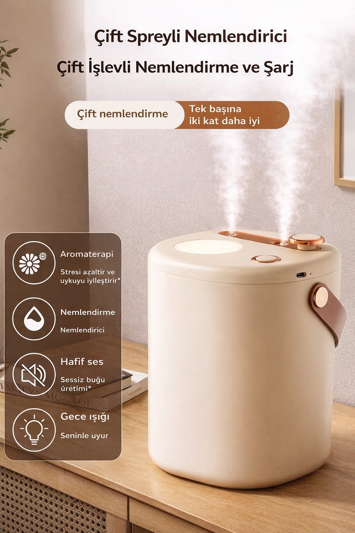 Şarjlı Hava Nemlendirici 2 Litre Kablosuz Buhar Makinesi LED Işık Aroma Difüzörü Sesiz Nemlendirme