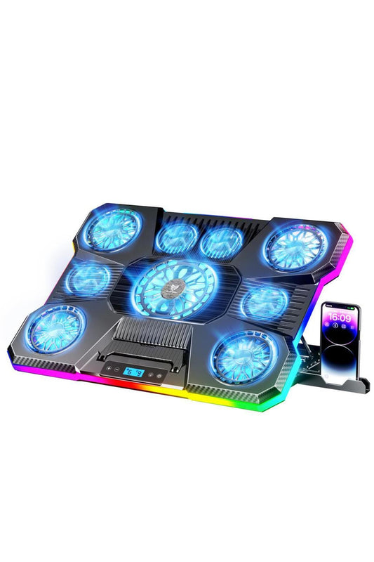 Laptop Soğutucu 10-19 inç Dizüstü Bilgisayar Soğutucusu + Telefon Tutucu 2400RPM Cooling RGB 9 Fanlı