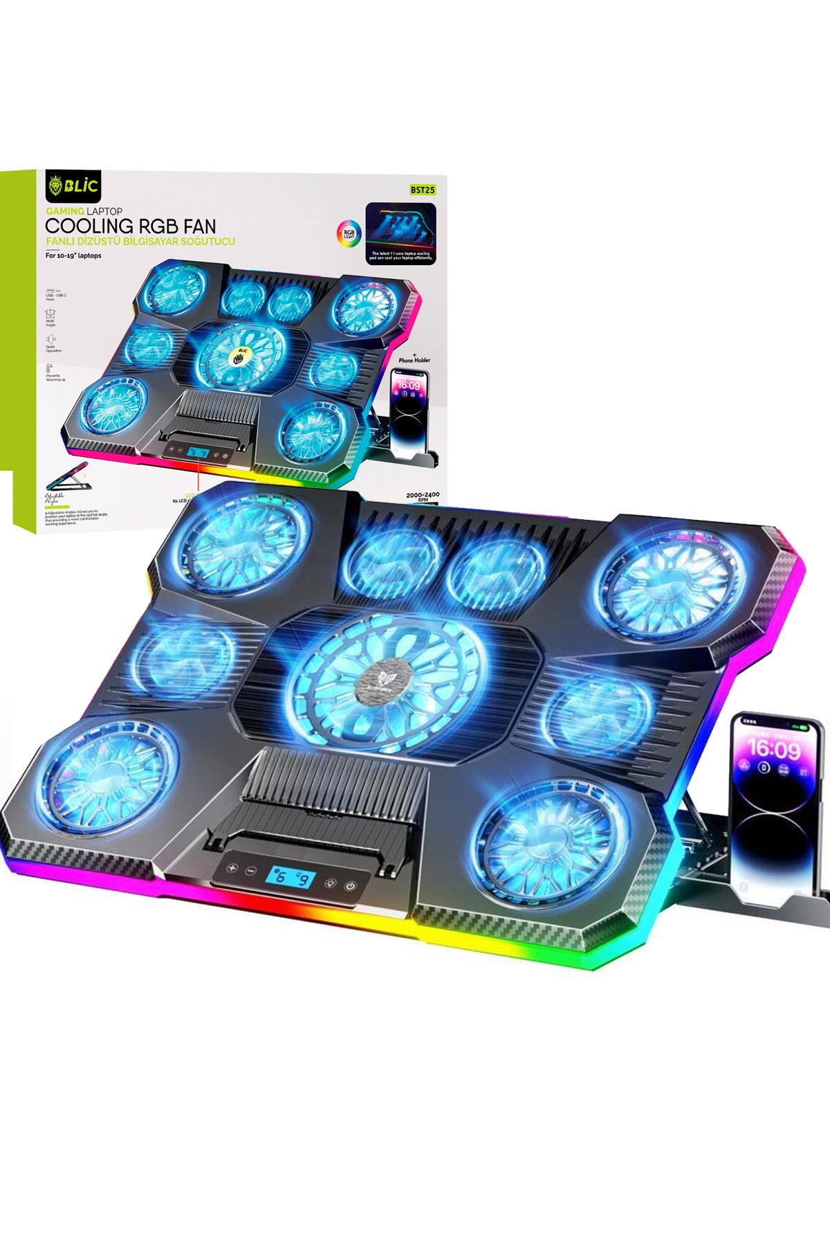 Laptop Soğutucu 10-19 inç Dizüstü Bilgisayar Soğutucusu + Telefon Tutucu 2400RPM Cooling RGB 9 Fanlı