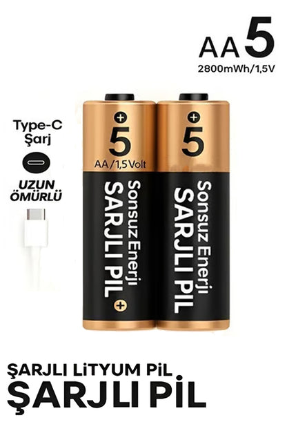 Şarjlı Kalın Kalem Pil AA Şarj Edilebilir Pil 1.5V 2800mWh Lityum-İon Kalın Pil AA 5 Type-C Şarjlı