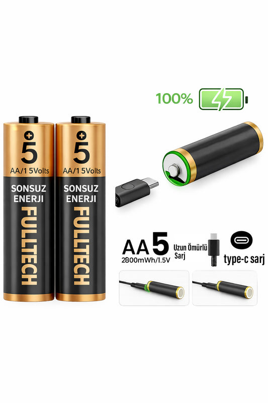Şarjlı Kalın Kalem Pil AA Şarj Edilebilir Pil 1.5V 2800mWh Lityum-İon Kalın Pil AA 5 Type-C Şarjlı
