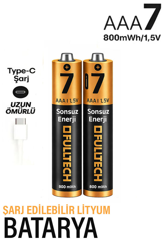 Şarjlı İnce Pil AAA Şarj Edilebilir Kumanda Pili 1.5V 800mWh Lityum-İon İnce Pil AAA7 Type-C Şarjlı
